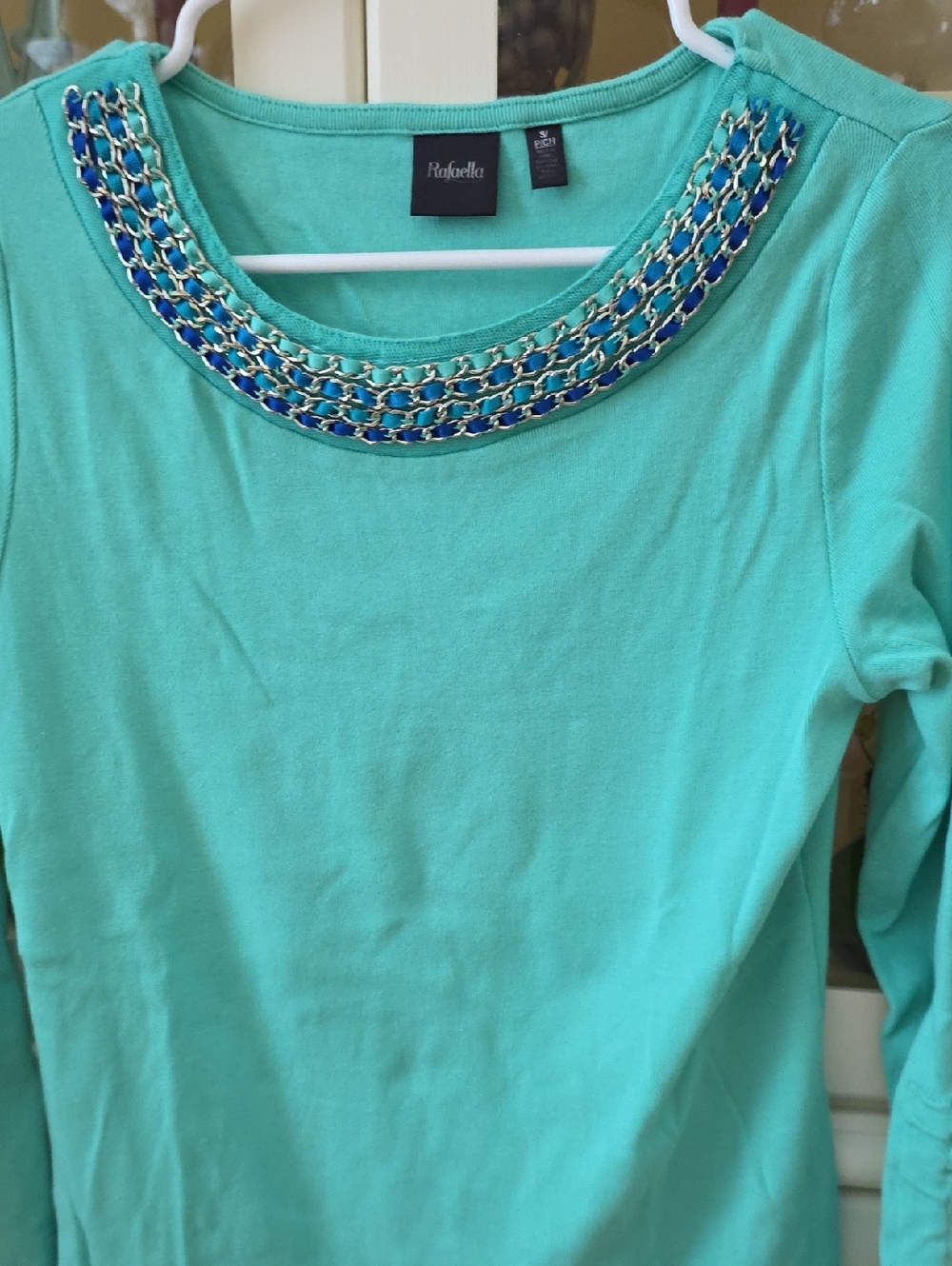 Rafaella Mint Long-Sleeve Top with Blue and Gold Chain-Neck Detail